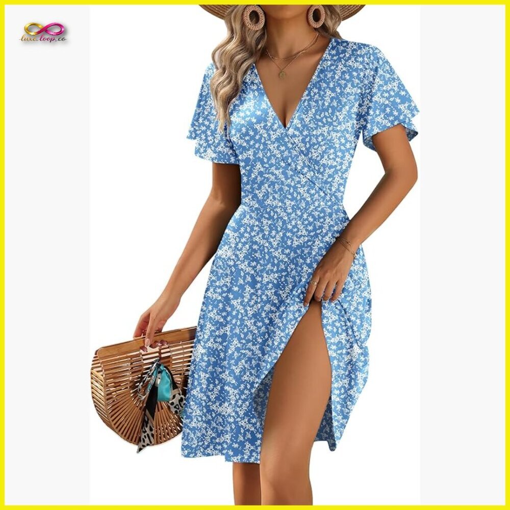 Floral Wrap A-Line Sundress Ruffle Sleeve V-Neck Casual Party Dress with Pockets
